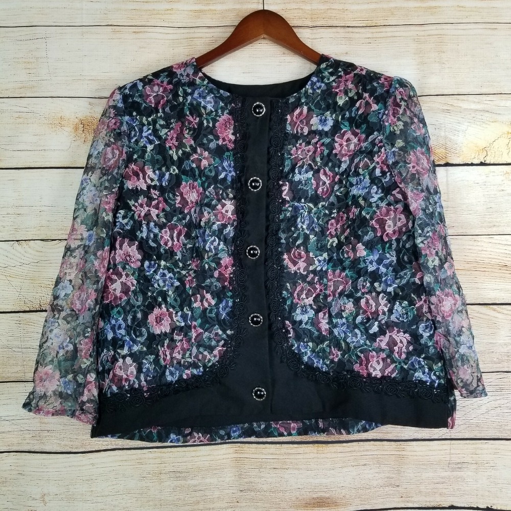 Vintage Risa Ann New York Jacket Size 18‎ WP Floral Lace Button Up Blazer Pads